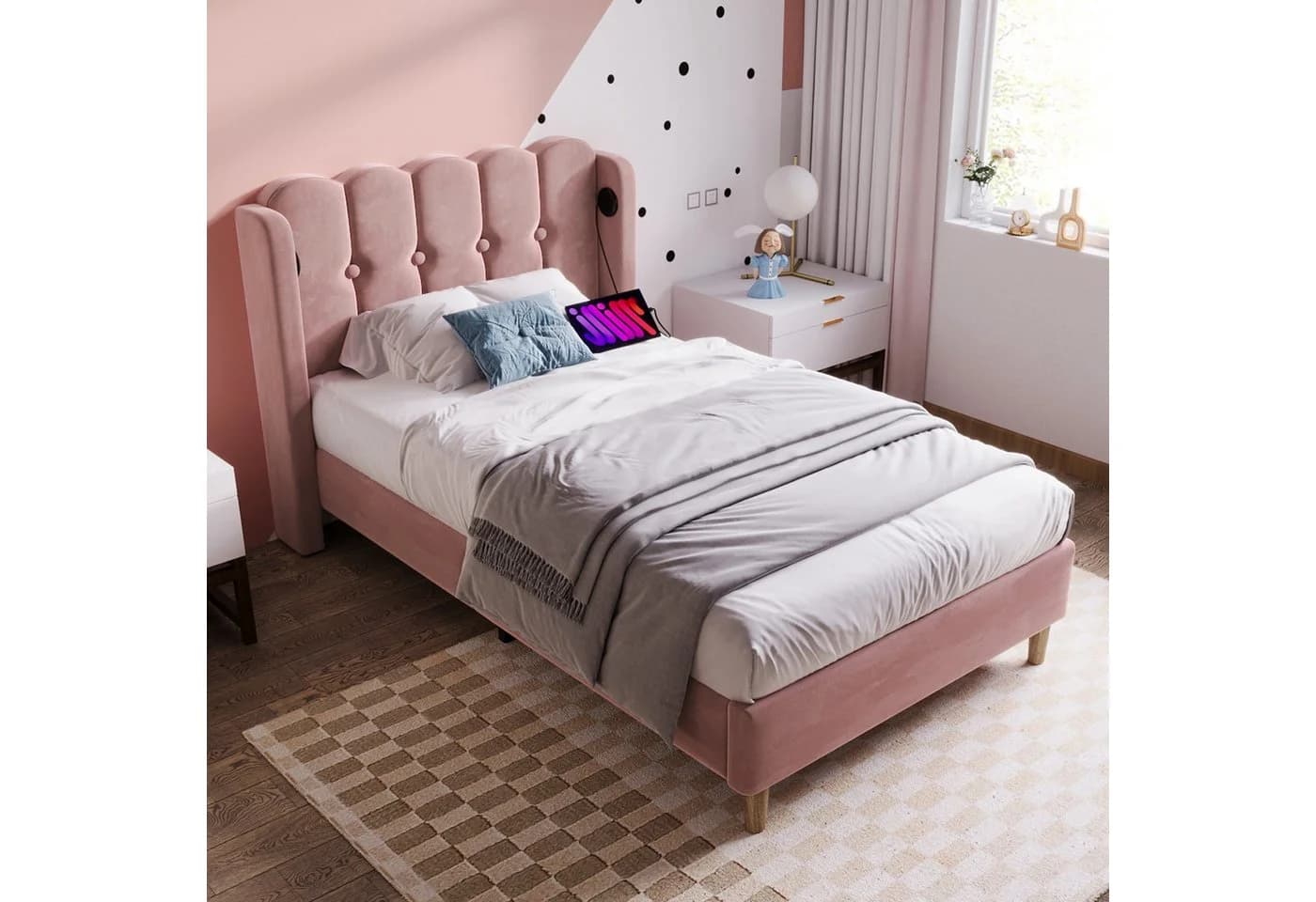 Flieks Polsterbett Einzelbett Rosa Samt USB/Typ-C Ladeanschlüsse - Bild 2
