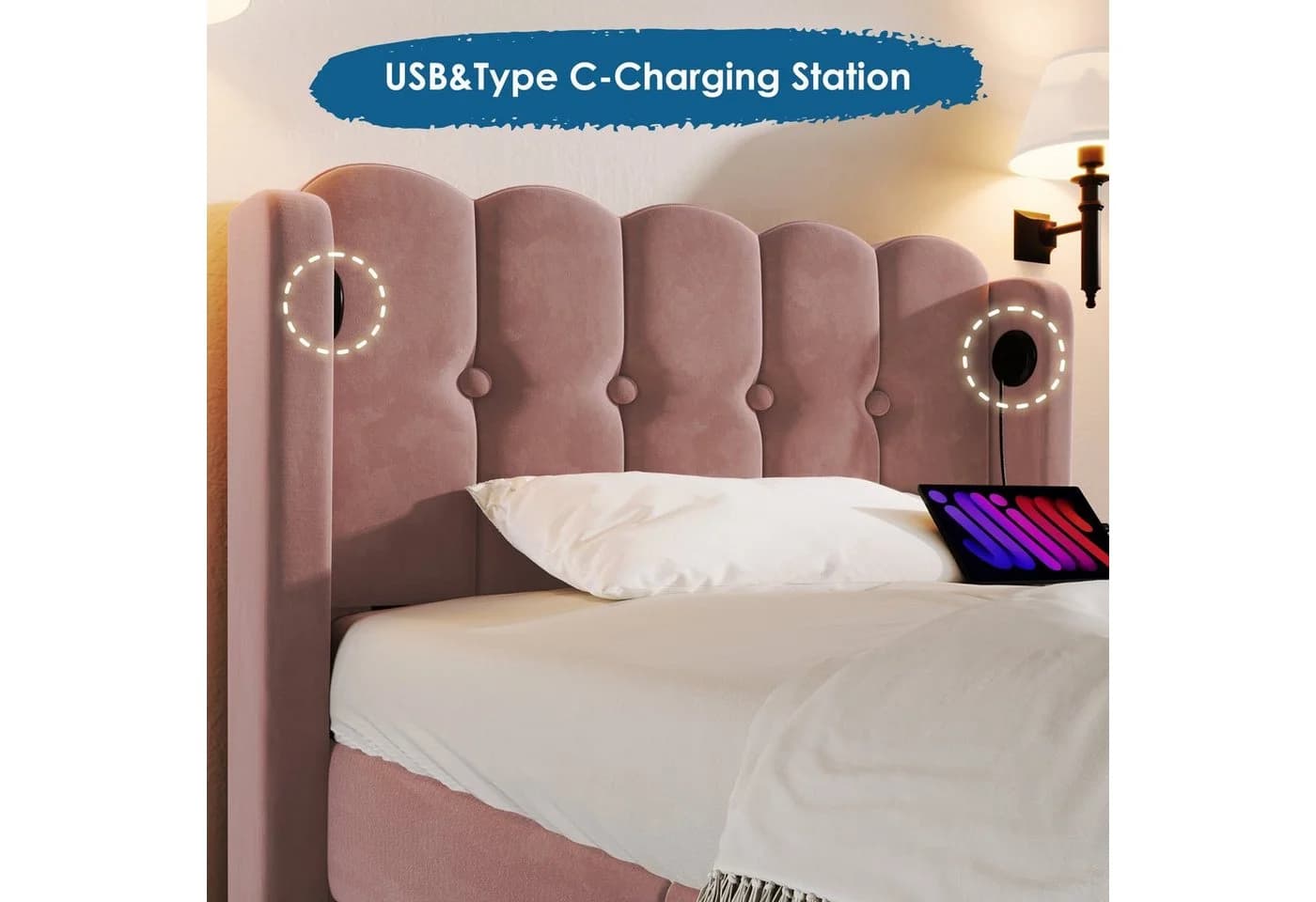 Flieks Polsterbett Einzelbett Rosa Samt USB/Typ-C Ladeanschlüsse - Bild 3