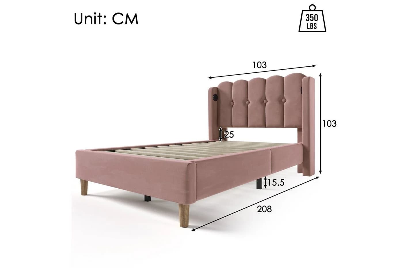 Flieks Polsterbett Einzelbett Rosa Samt USB/Typ-C Ladeanschlüsse - Bild 4