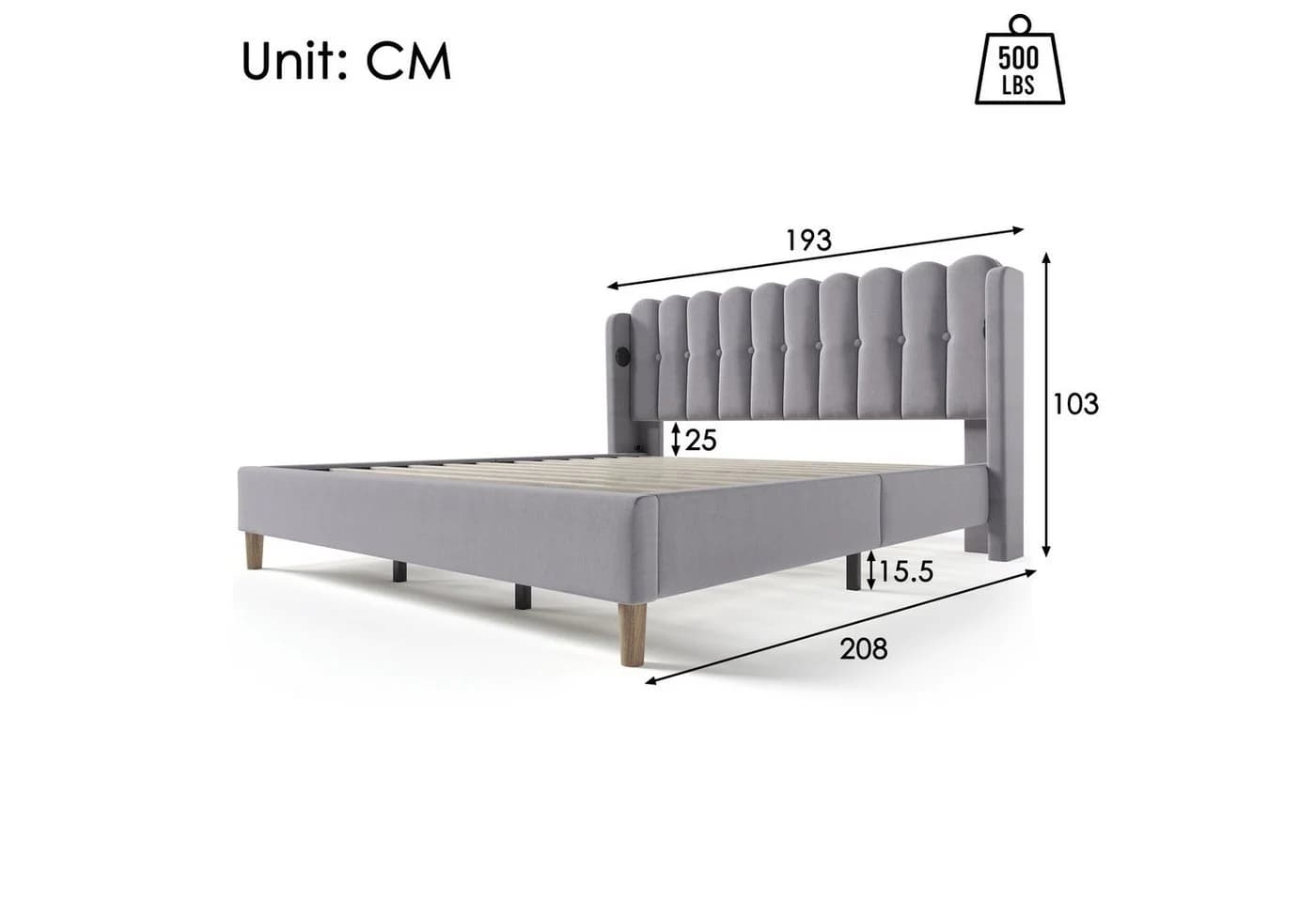 Flieks Polsterbett Grau mit USB/Typ-C Ladeanschlüssen 180x200cm - Bild 3