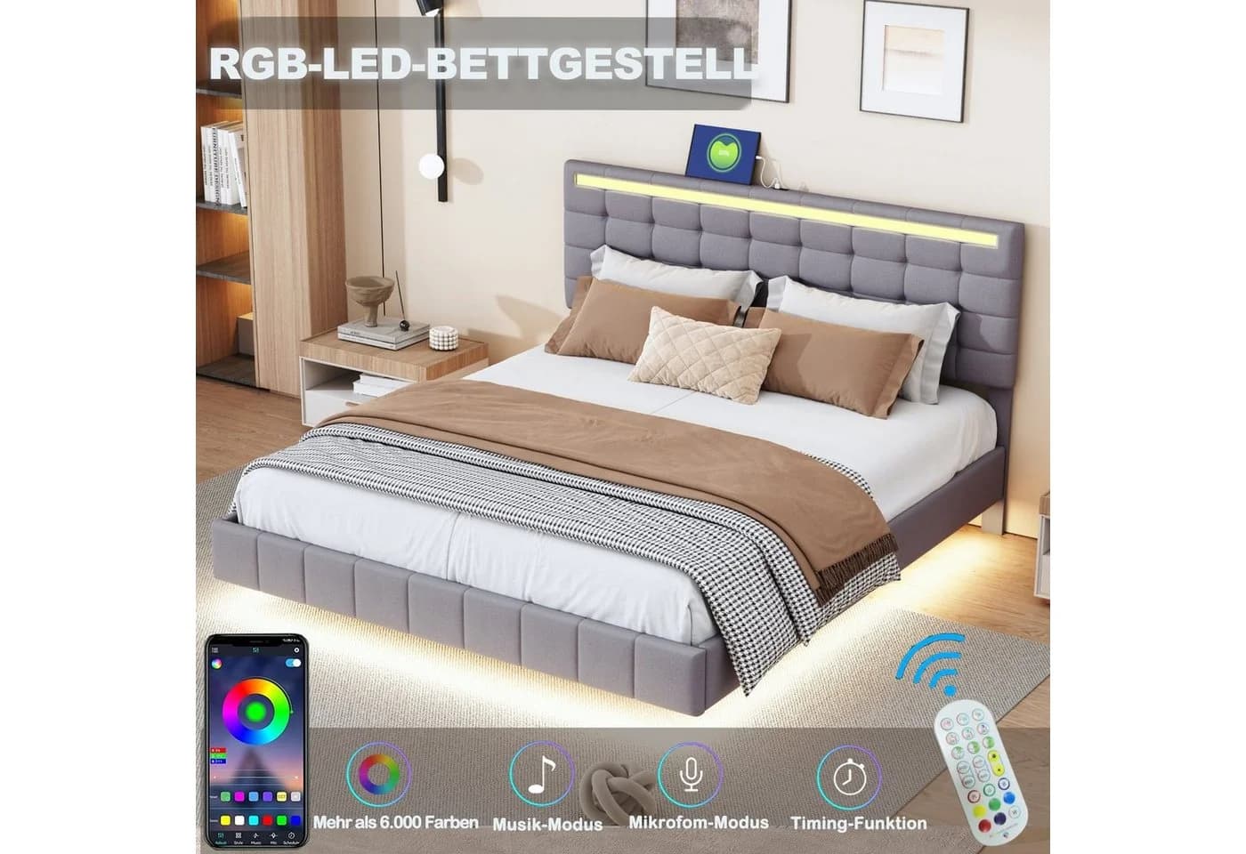 Flieks Polsterbett mit LED-Beleuchtung Grau Leinen - Bild 4