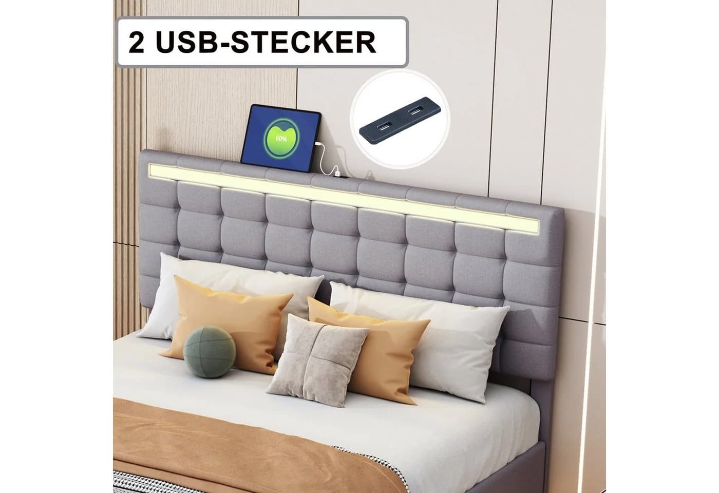 Flieks Polsterbett mit LED-Beleuchtung Grau Leinen - Bild 5