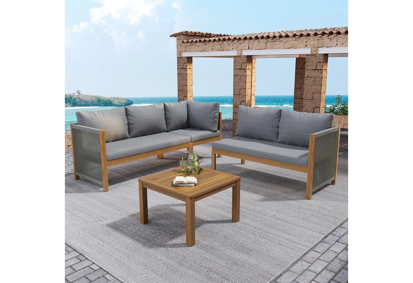 Flieks Gartenlounge-Set 5-Sitzer Seil Balkonset Akazienholz Ecksofa mit Couchtisch