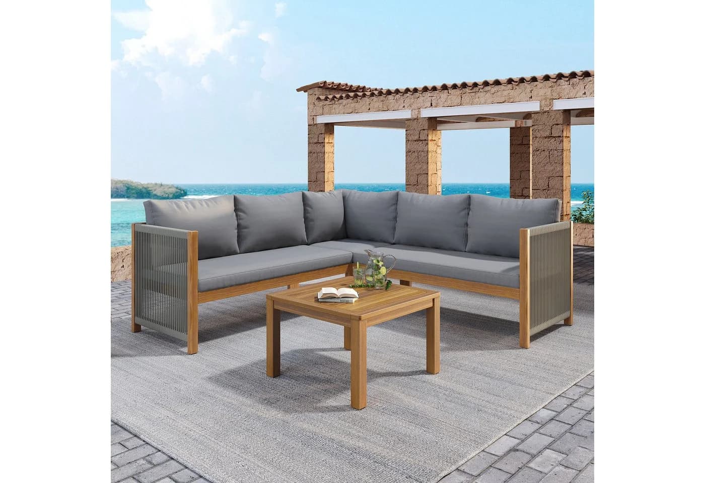 Flieks Gartenlounge-Set 5-Sitzer Seil Balkonset Akazienholz Ecksofa mit Couchtisch - Bild 2