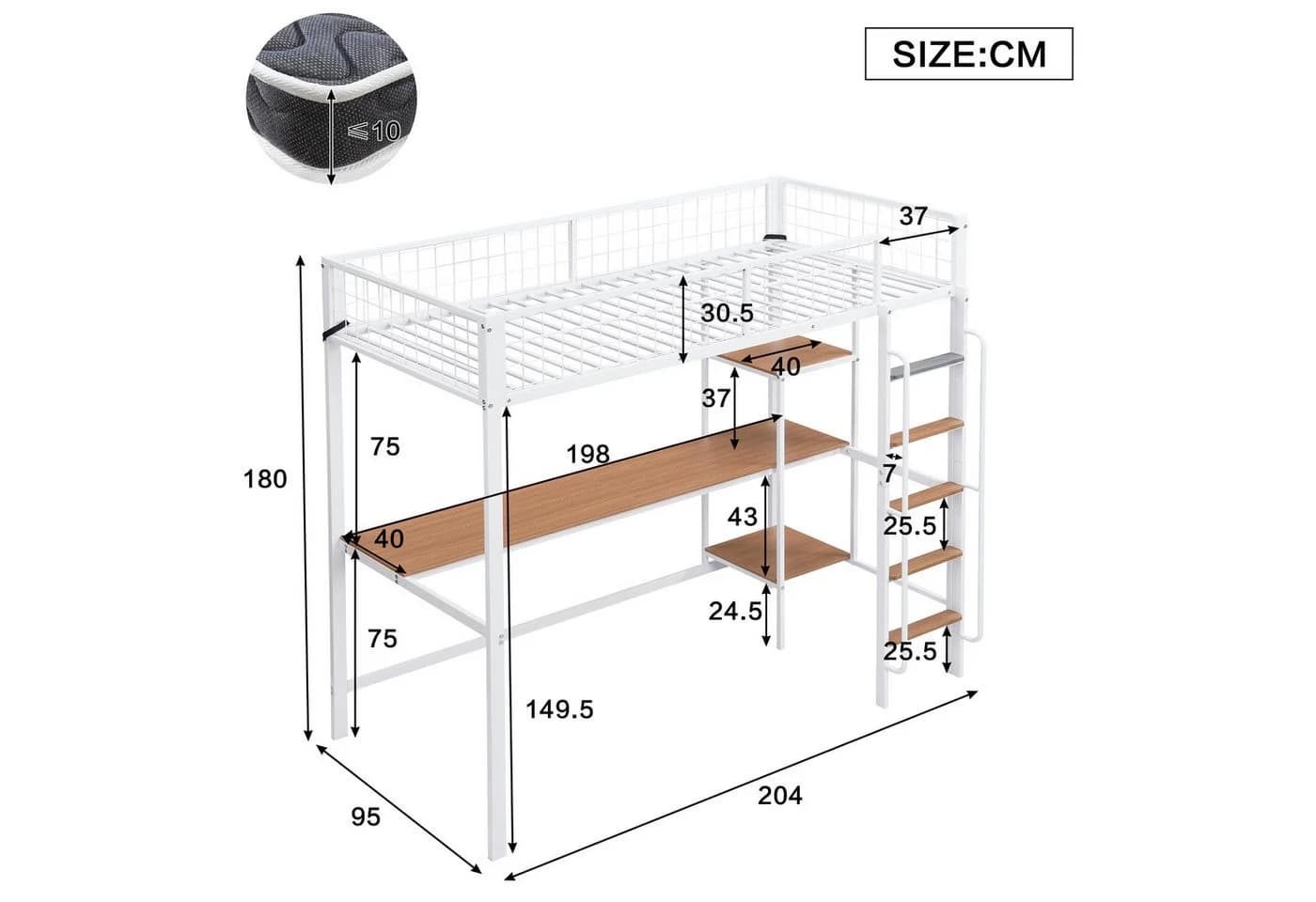 Flieks Hochbett mit Tisch und Regal Weiß Metall - Bild 5