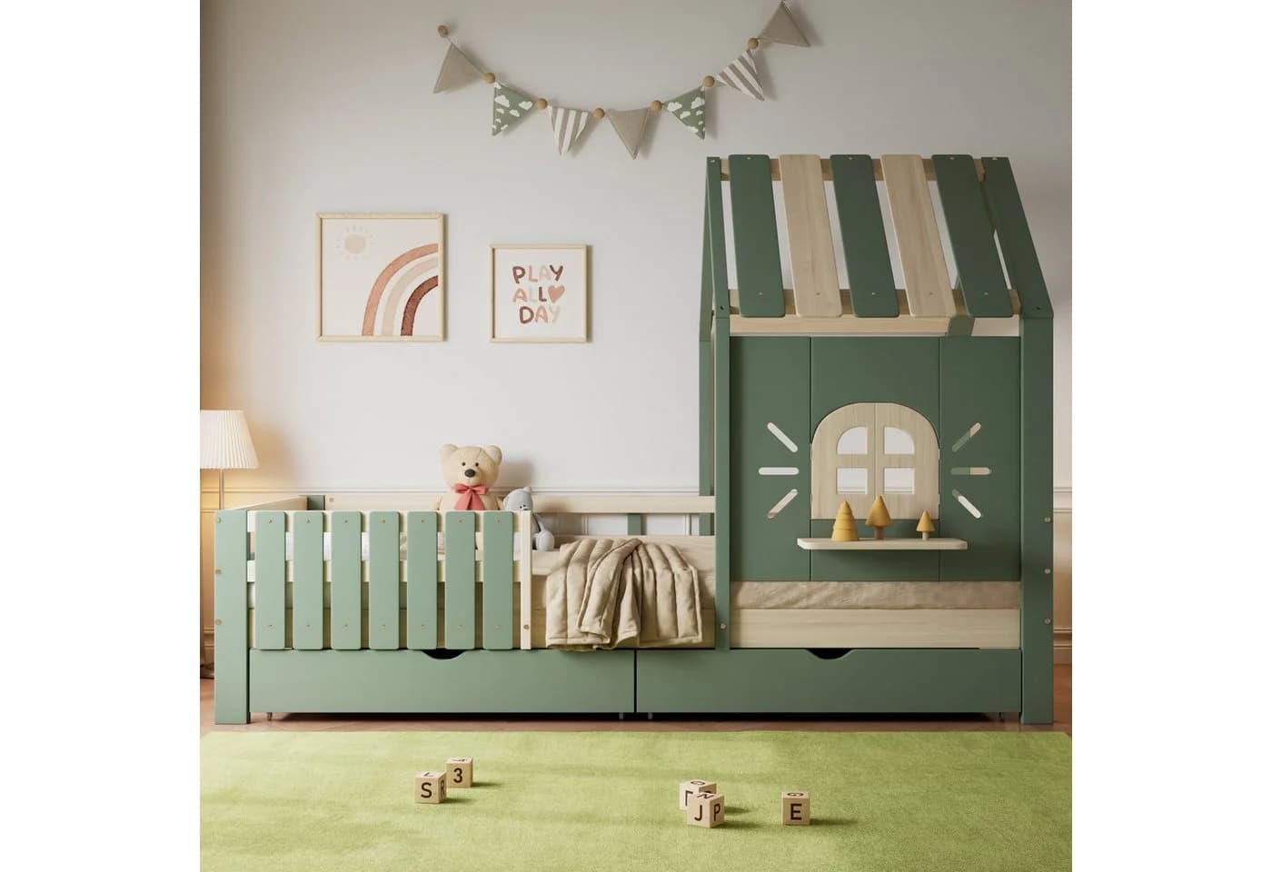 Flieks Kinderbett Hausbett mit Dach und 2 Schubladen Grün
