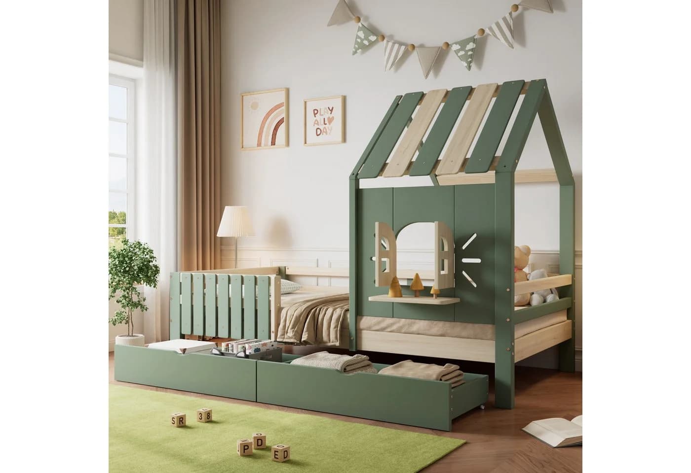 Flieks Kinderbett Hausbett mit Dach und 2 Schubladen Grün - Bild 2