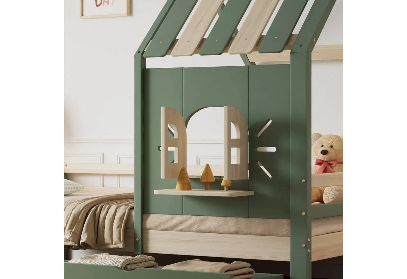 Flieks Kinderbett Hausbett mit Dach und 2 Schubladen Grün - Bild 3