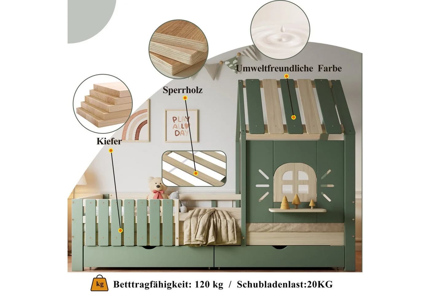 Flieks Kinderbett Hausbett mit Dach und 2 Schubladen Grün - Bild 5