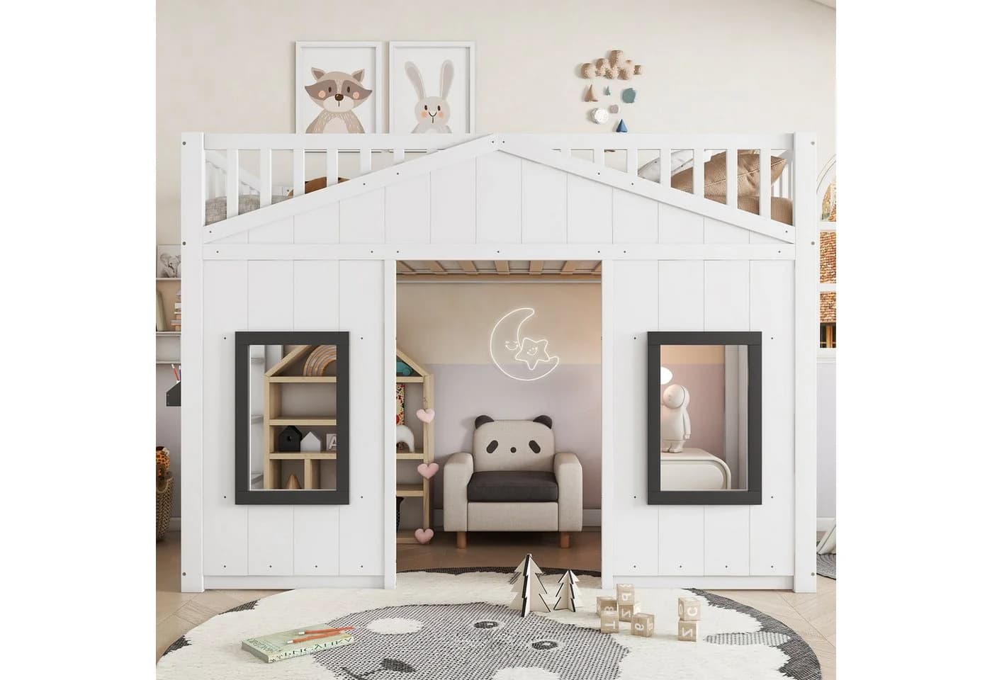 Flieks Hochbett Hausbett Kinderbett Weiß mit Fenster und Fallschutz