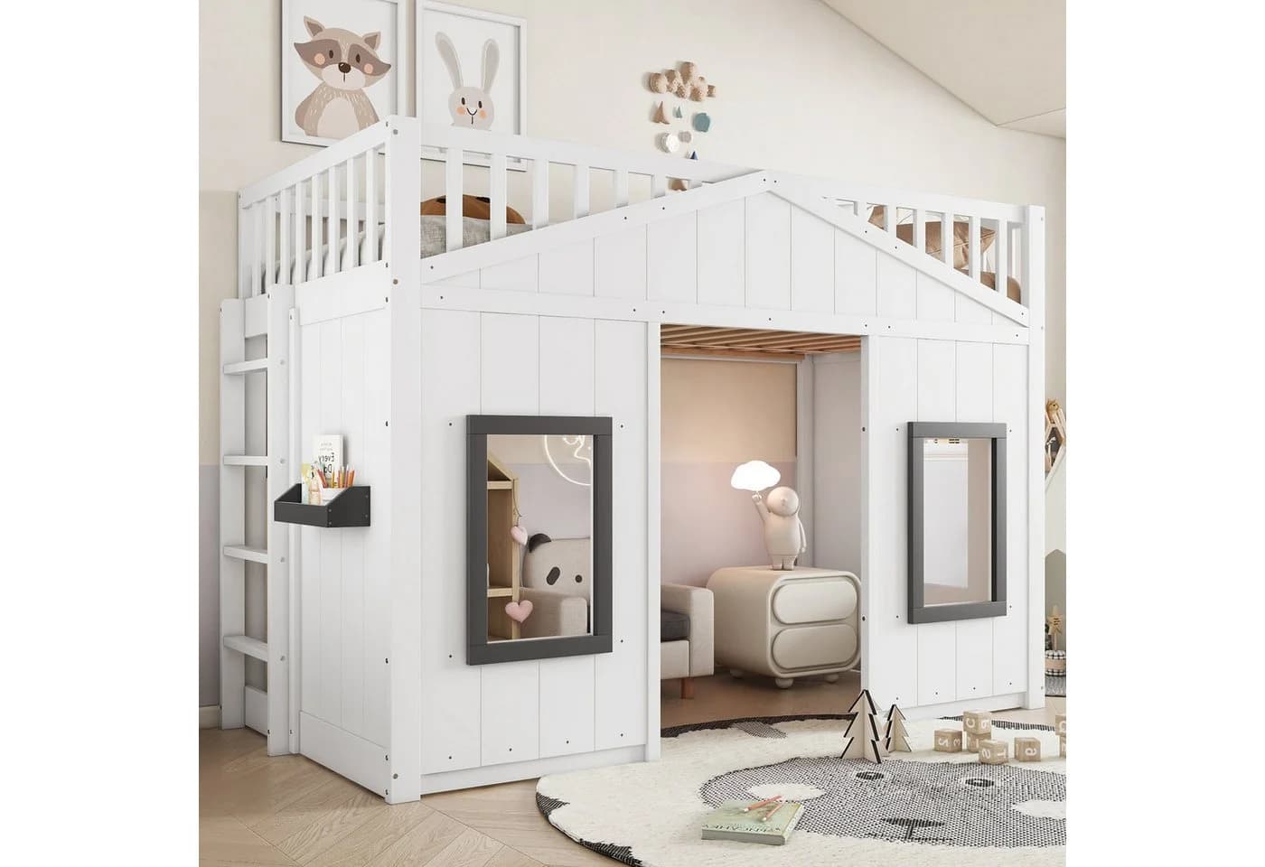 Flieks Hochbett Hausbett Kinderbett Weiß mit Fenster und Fallschutz - Bild 2