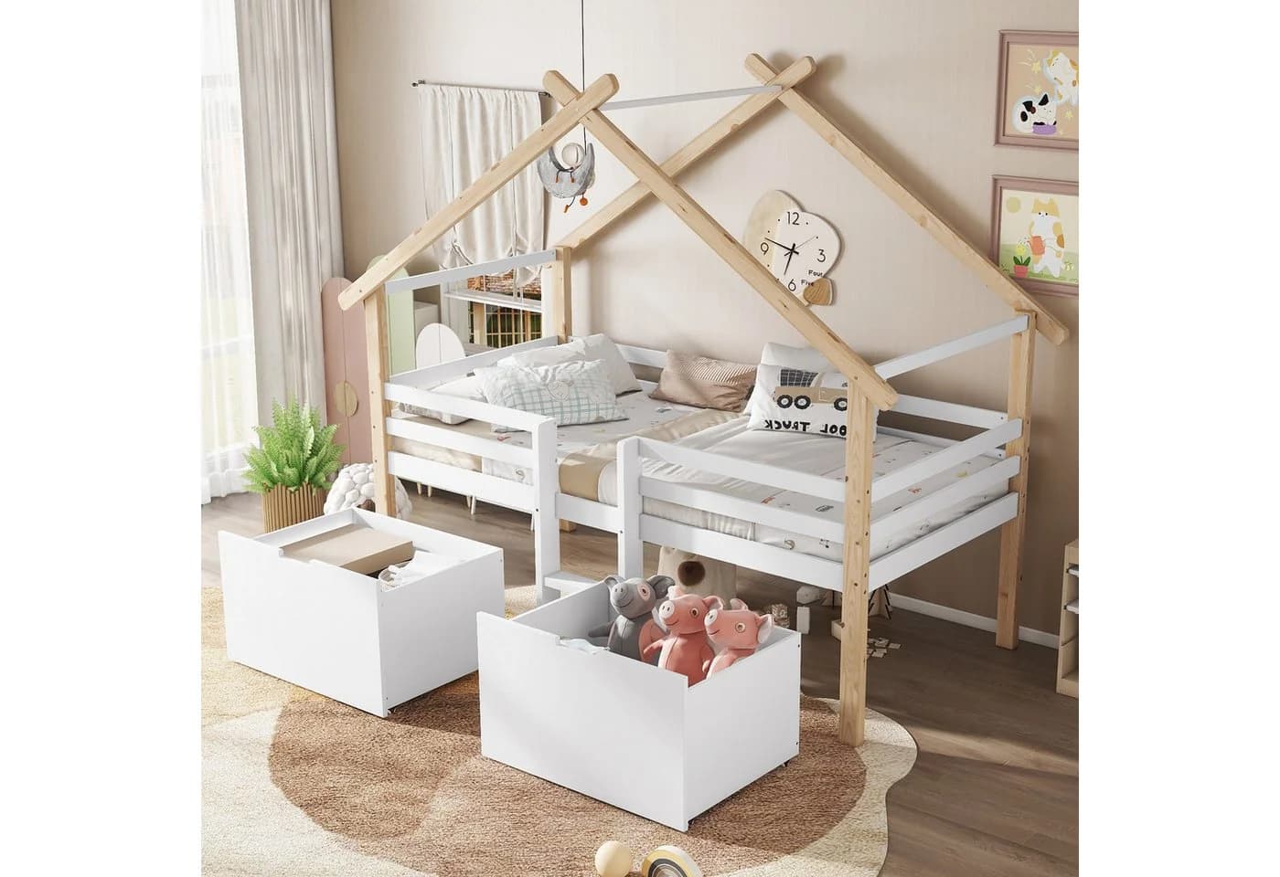 Flieks Kinderbett Hausbett Halbhohes Bett 90x200cm mit Dach, Leiter und 2 Schubladen