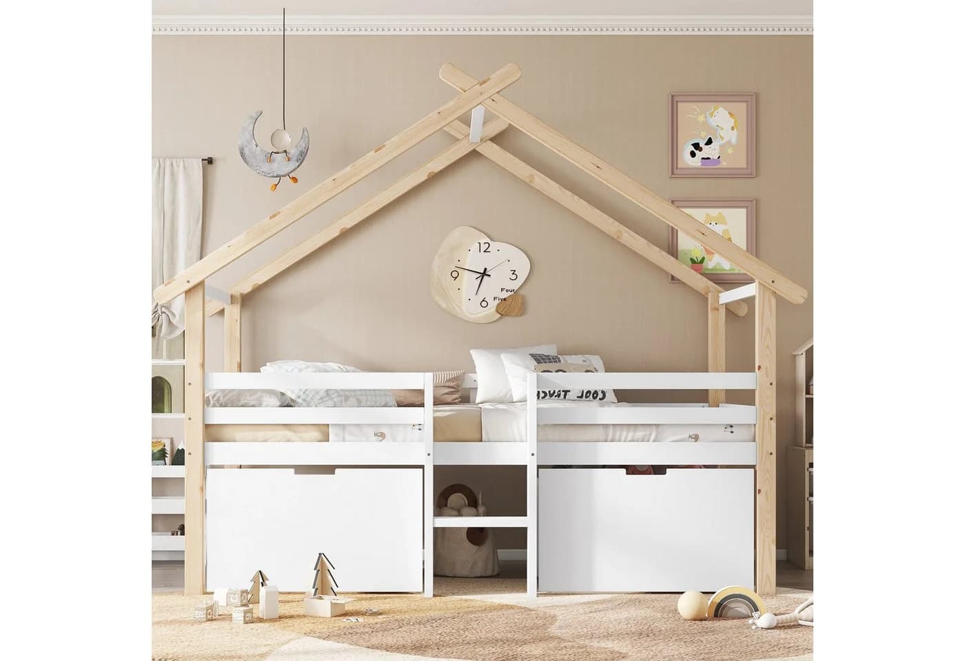 Flieks Kinderbett Hausbett Halbhohes Bett 90x200cm mit Dach, Leiter und 2 Schubladen - Bild 2