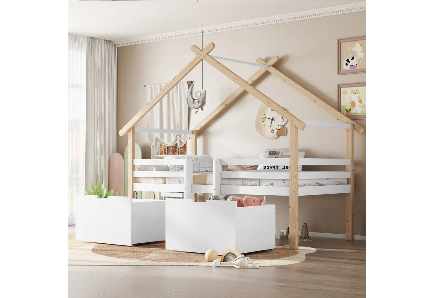 Flieks Kinderbett Hausbett Halbhohes Bett 90x200cm mit Dach, Leiter und 2 Schubladen - Bild 3