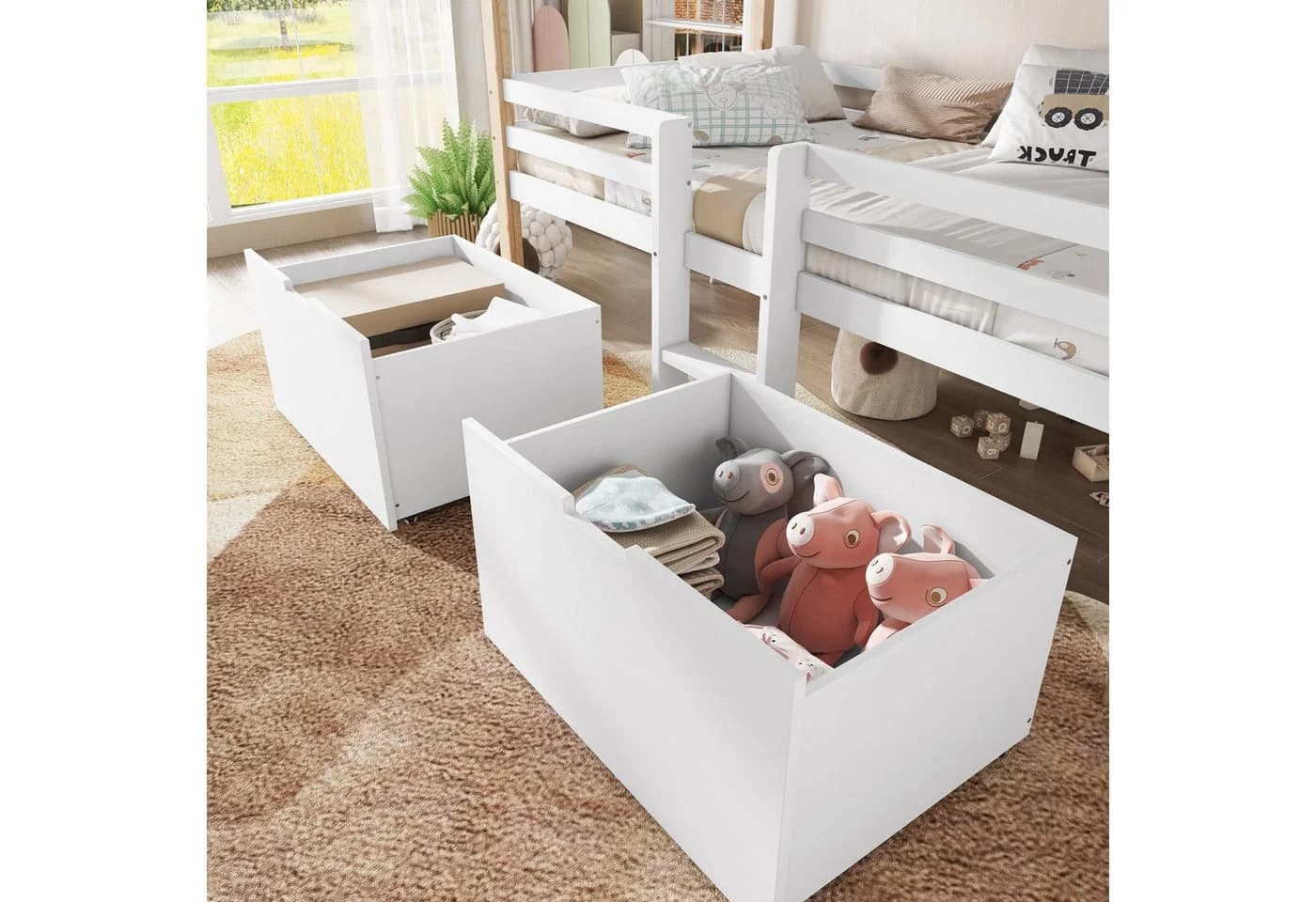 Flieks Kinderbett Hausbett Halbhohes Bett 90x200cm mit Dach, Leiter und 2 Schubladen - Bild 4