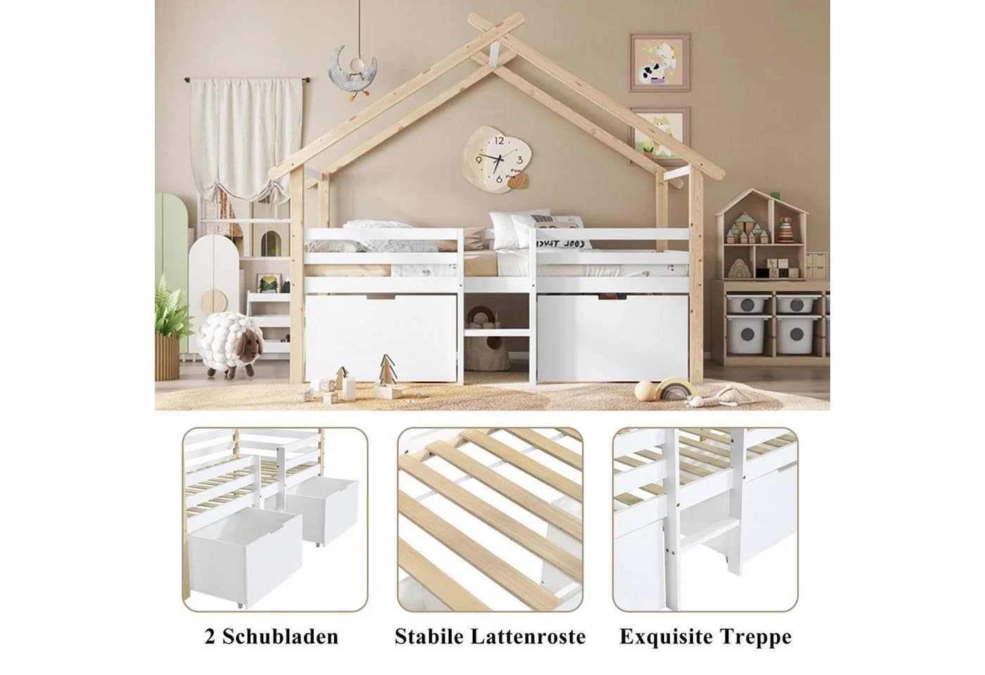 Flieks Kinderbett Hausbett Halbhohes Bett 90x200cm mit Dach, Leiter und 2 Schubladen - Bild 5