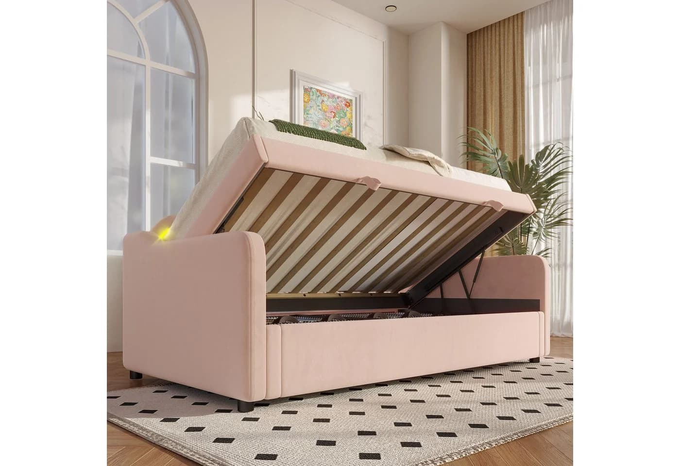 Flieks Daybett Rosa mit LED und hydraulischem Stauraum