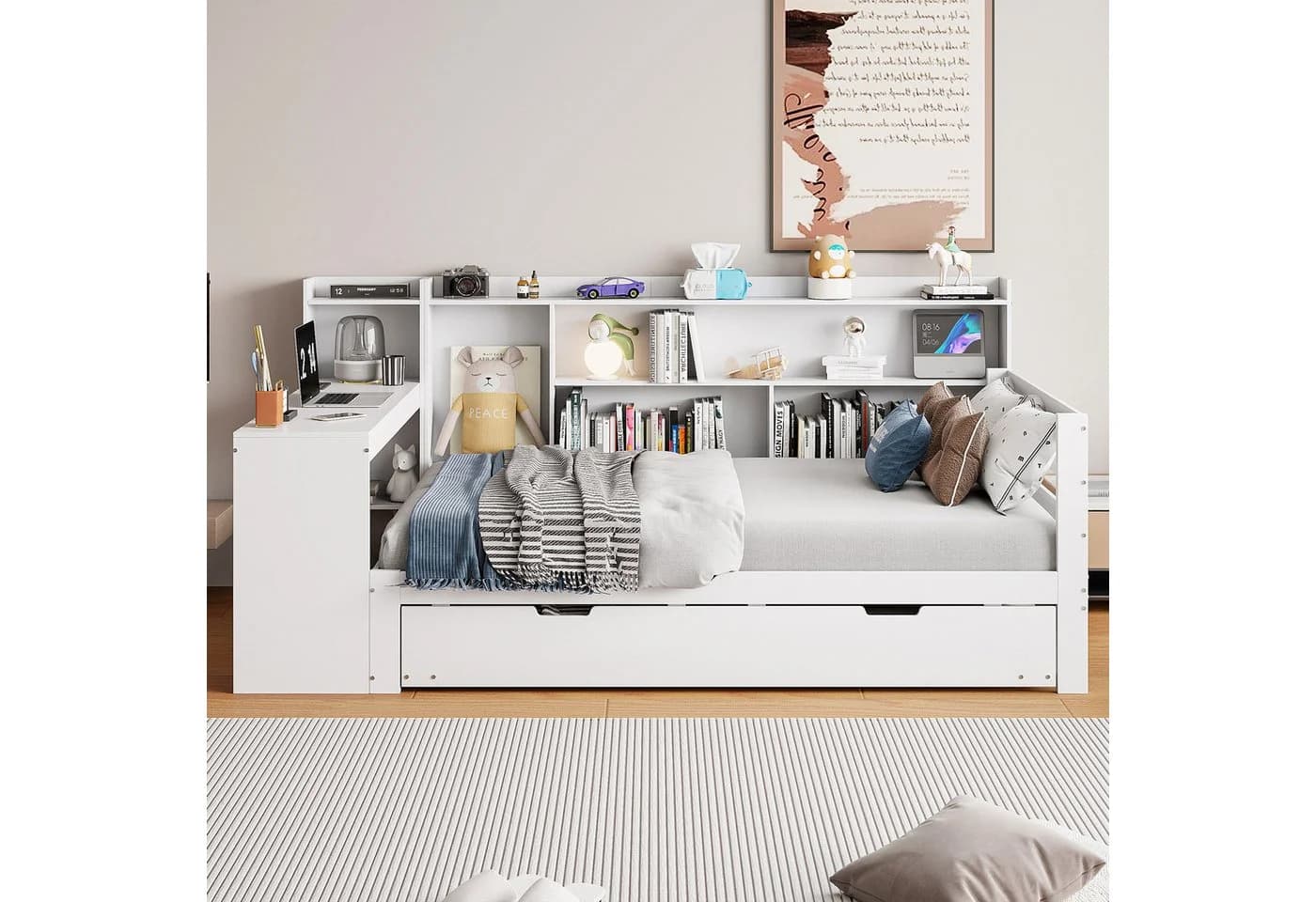 Flieks Massivholzbett Ausziehbett mit Schreibtisch und Steckdose Weiß - Bild 3