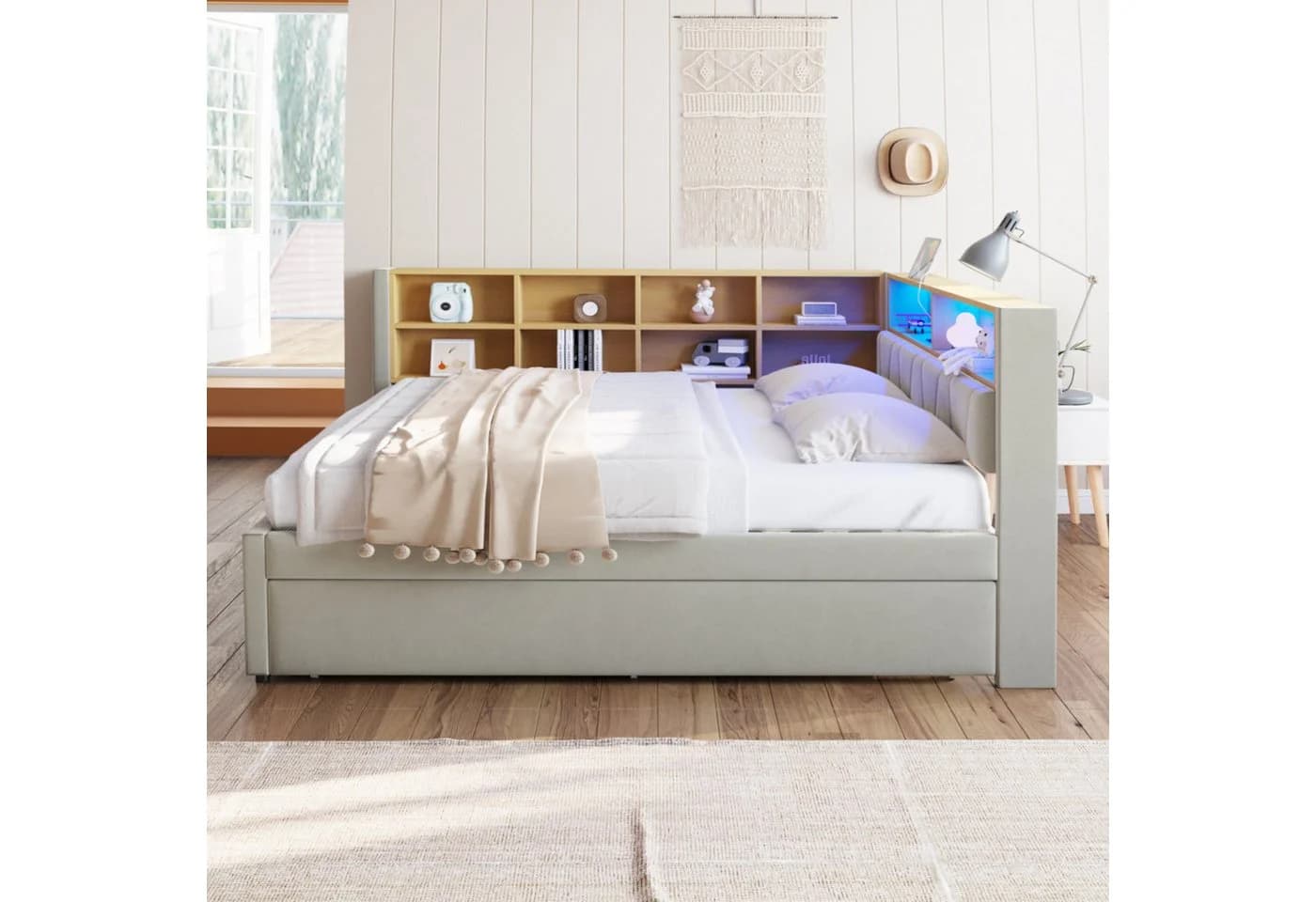 Flieks Daybett mit LED Steckdose und Ausziehbett Grau Samt