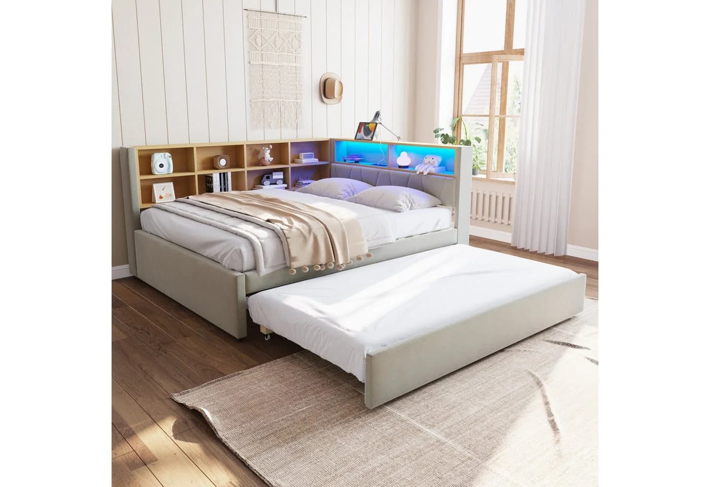 Flieks Daybett mit LED Steckdose und Ausziehbett Grau Samt - Bild 2