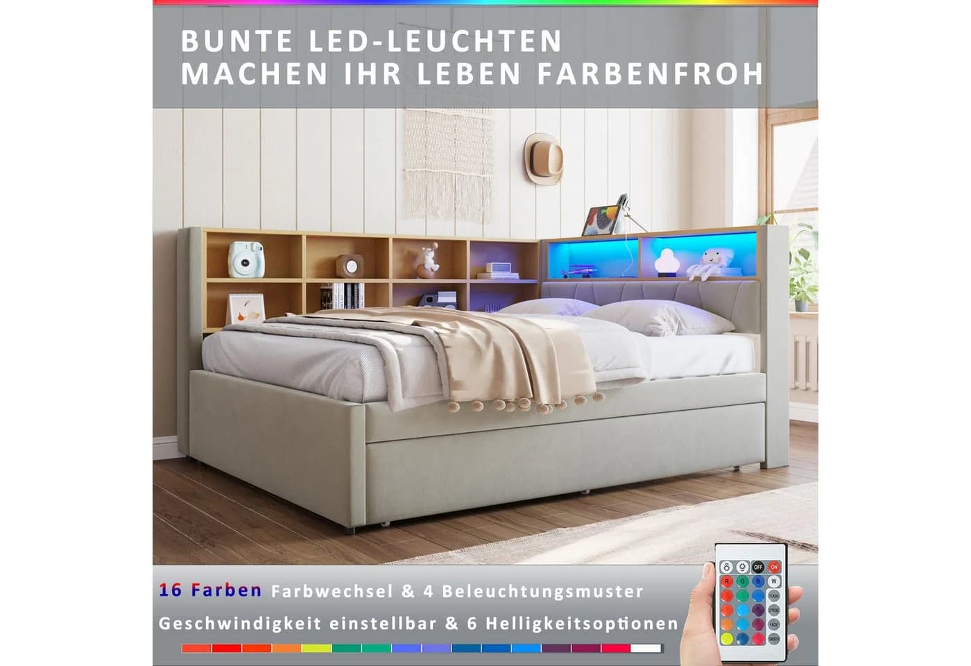 Flieks Daybett mit LED Steckdose und Ausziehbett Grau Samt - Bild 3