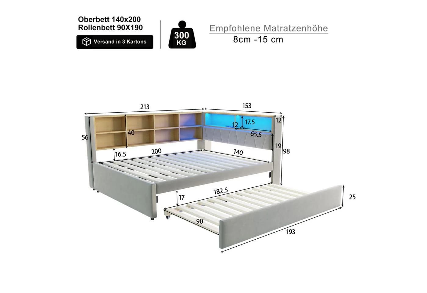 Flieks Daybett mit LED Steckdose und Ausziehbett Grau Samt - Bild 4