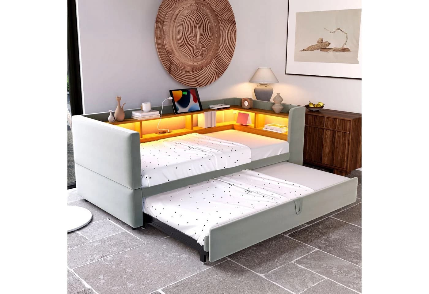 Flieks Daybett Polsterbett mit LED und Stauraum Grau