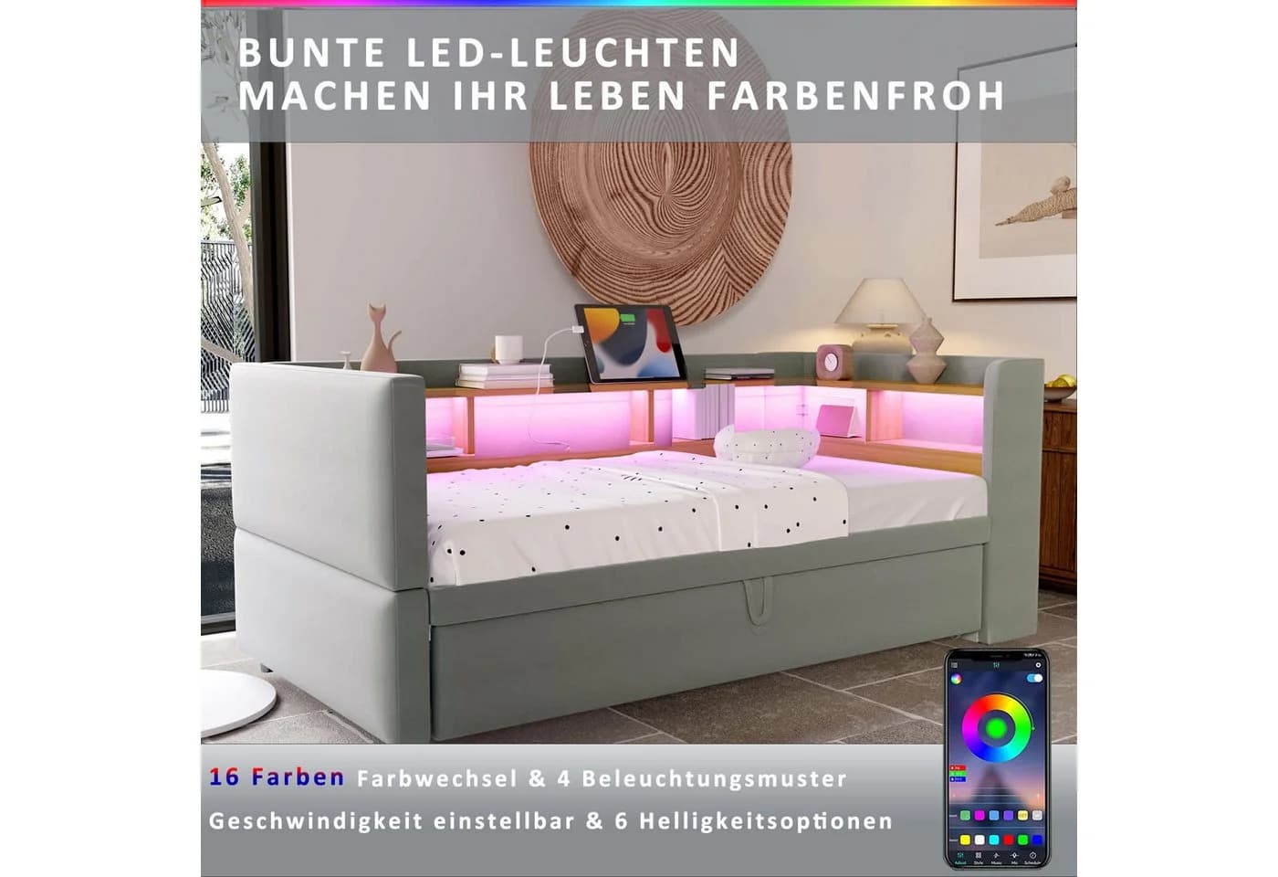 Flieks Daybett Polsterbett mit LED und Stauraum Grau - Bild 5
