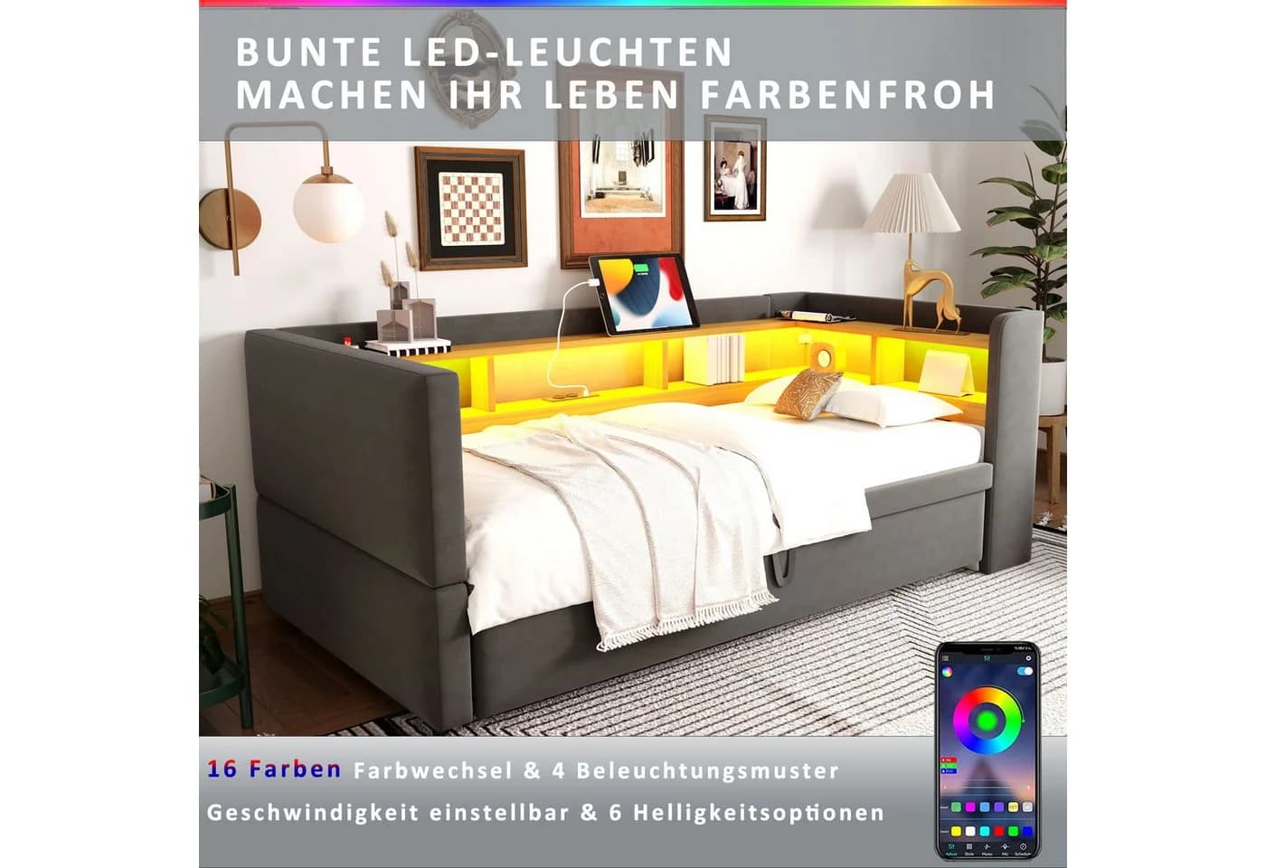 Flieks Daybett Polsterbett mit LED und Stauraum Grau - Bild 5