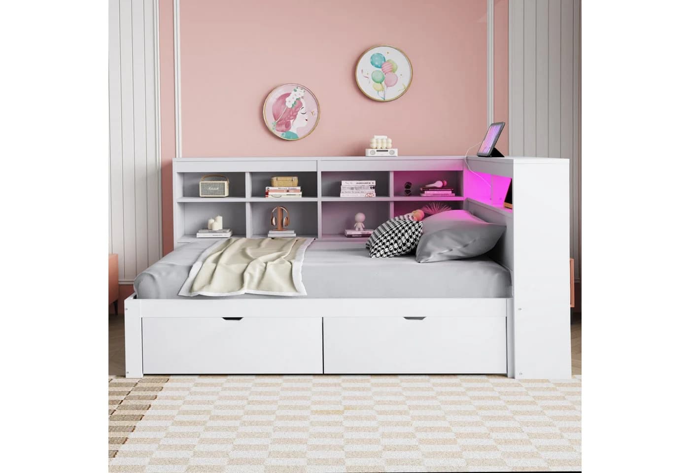Flieks Massivholzbett LED Einzelbett 90x200cm mit Stauraum, USB-Aufladen und Schublade