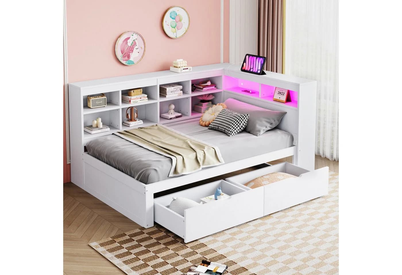 Flieks Massivholzbett LED Einzelbett 90x200cm mit Stauraum, USB-Aufladen und Schublade - Bild 2