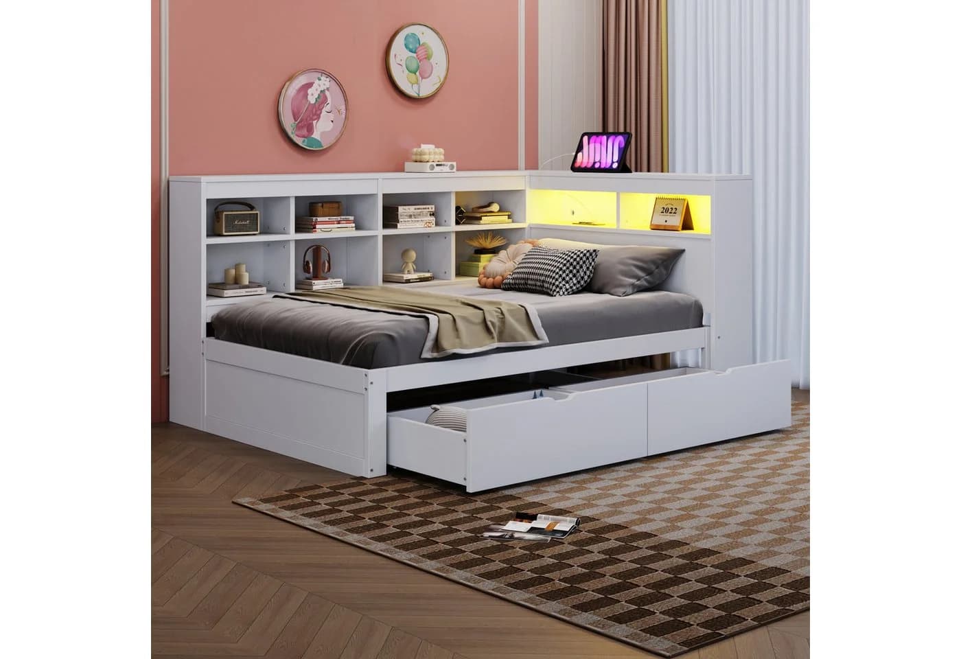 Flieks Massivholzbett LED Einzelbett 90x200cm mit Stauraum, USB-Aufladen und Schublade - Bild 3