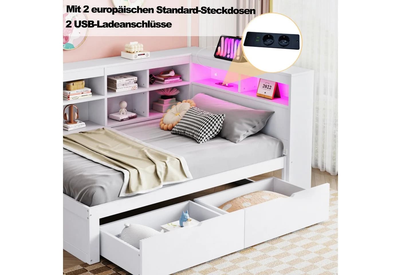 Flieks Massivholzbett LED Einzelbett 90x200cm mit Stauraum, USB-Aufladen und Schublade - Bild 4