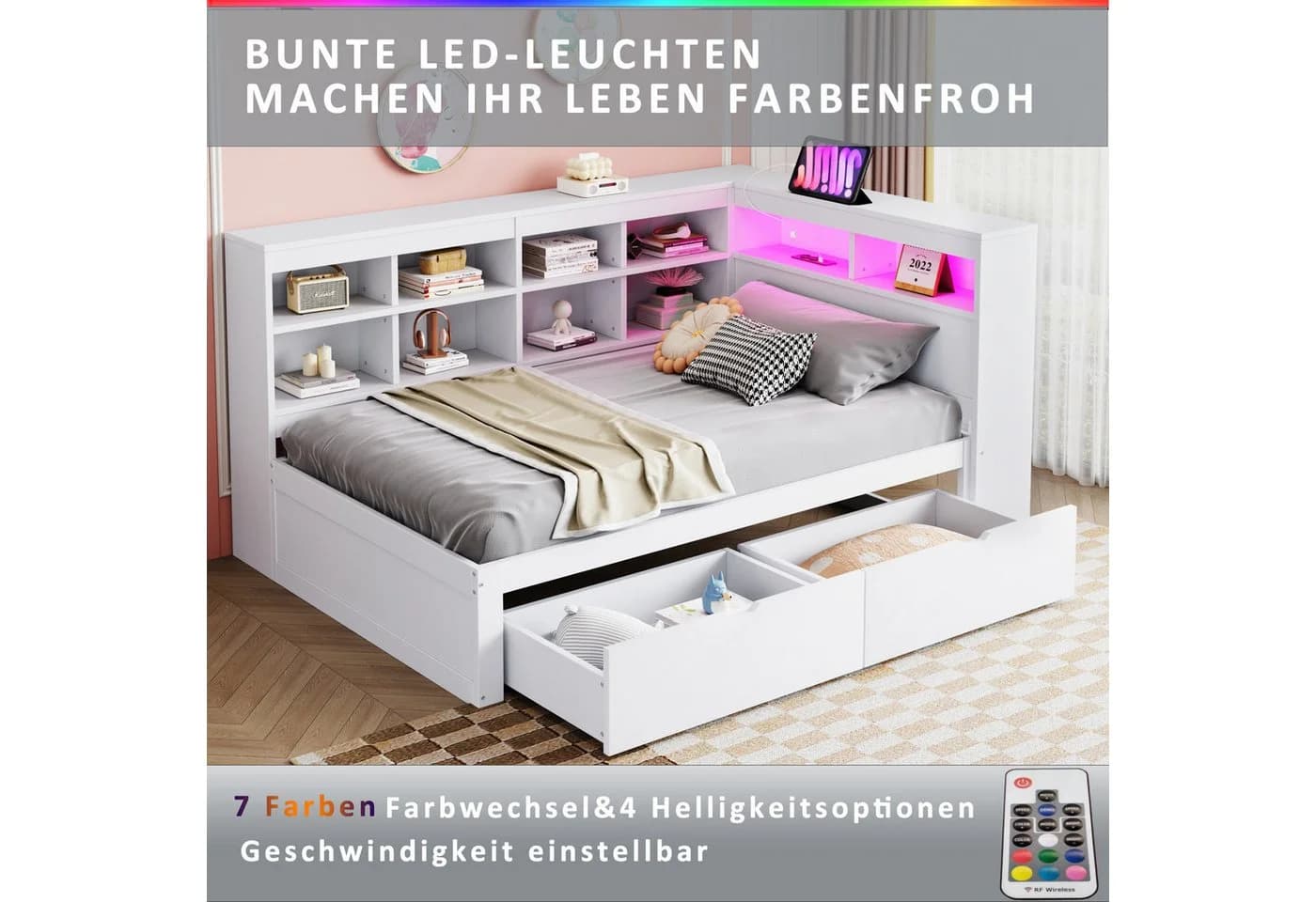 Flieks Massivholzbett LED Einzelbett 90x200cm mit Stauraum, USB-Aufladen und Schublade - Bild 5