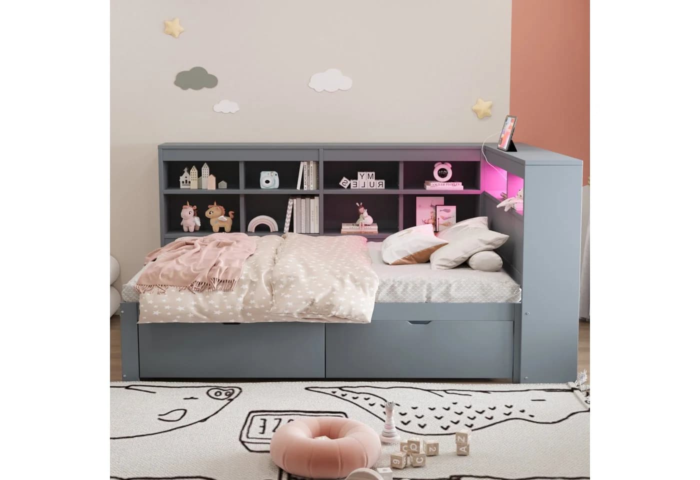 Flieks Massivholzbett LED Einzelbett 90x200cm mit Stauraum, USB-Aufladen und Schublade