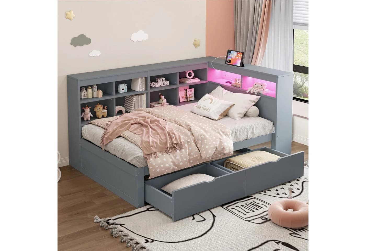 Flieks Massivholzbett LED Einzelbett 90x200cm mit Stauraum, USB-Aufladen und Schublade - Bild 2