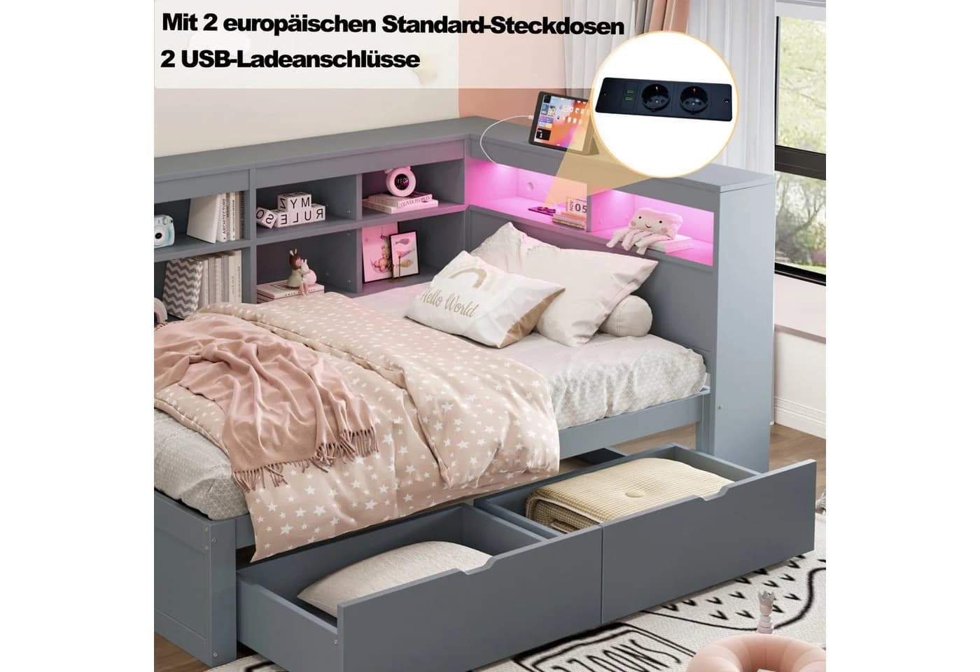 Flieks Massivholzbett LED Einzelbett 90x200cm mit Stauraum, USB-Aufladen und Schublade - Bild 4