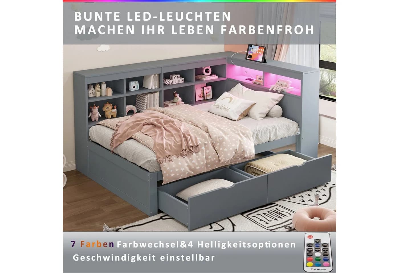 Flieks Massivholzbett LED Einzelbett 90x200cm mit Stauraum, USB-Aufladen und Schublade - Bild 5