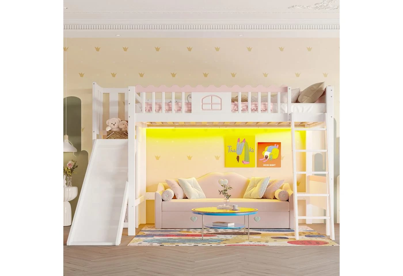 Flieks Hochbett Kinderbett mit LED, Rutsche und Regalen
