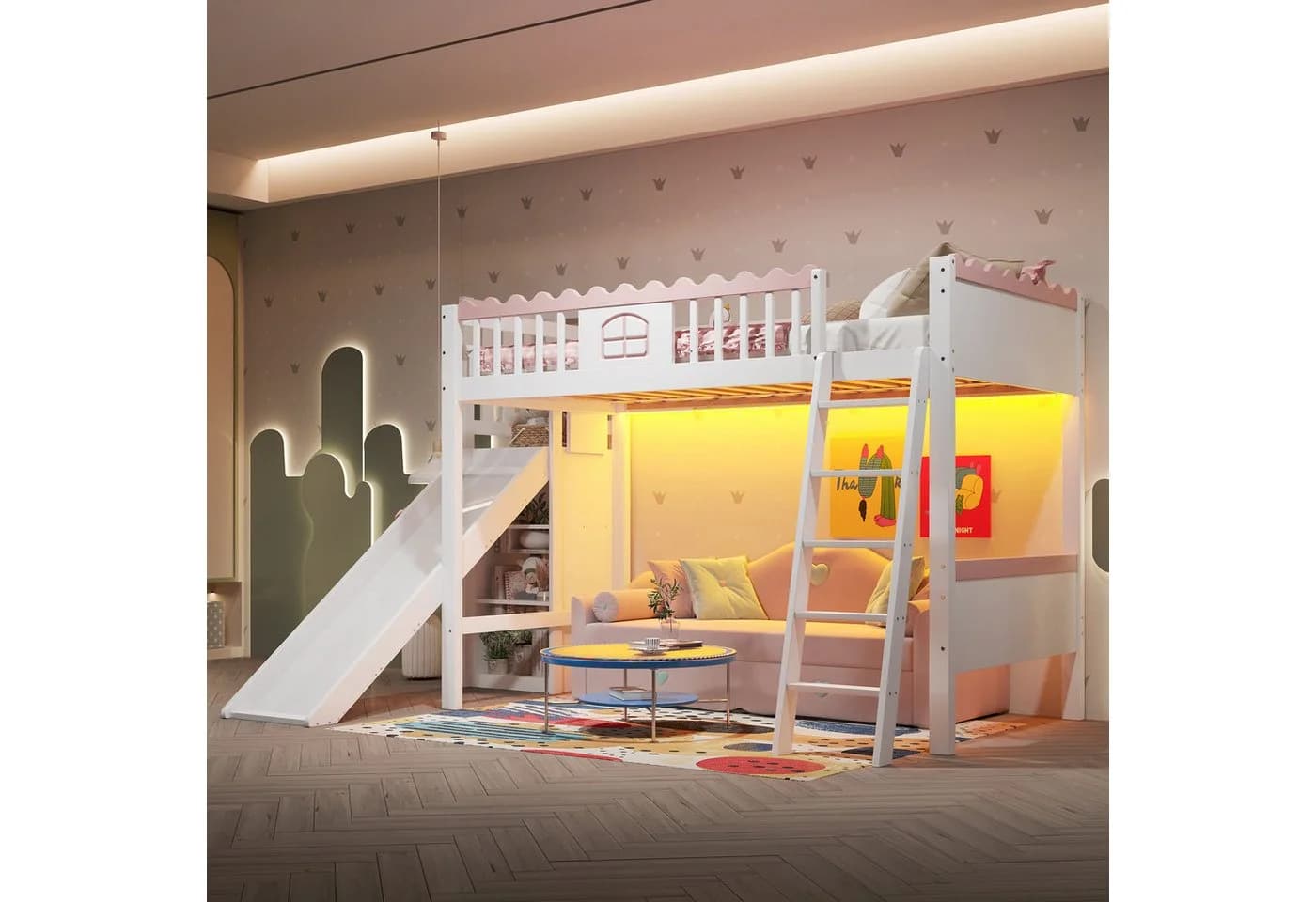 Flieks Hochbett Kinderbett mit LED, Rutsche und Regalen - Bild 3