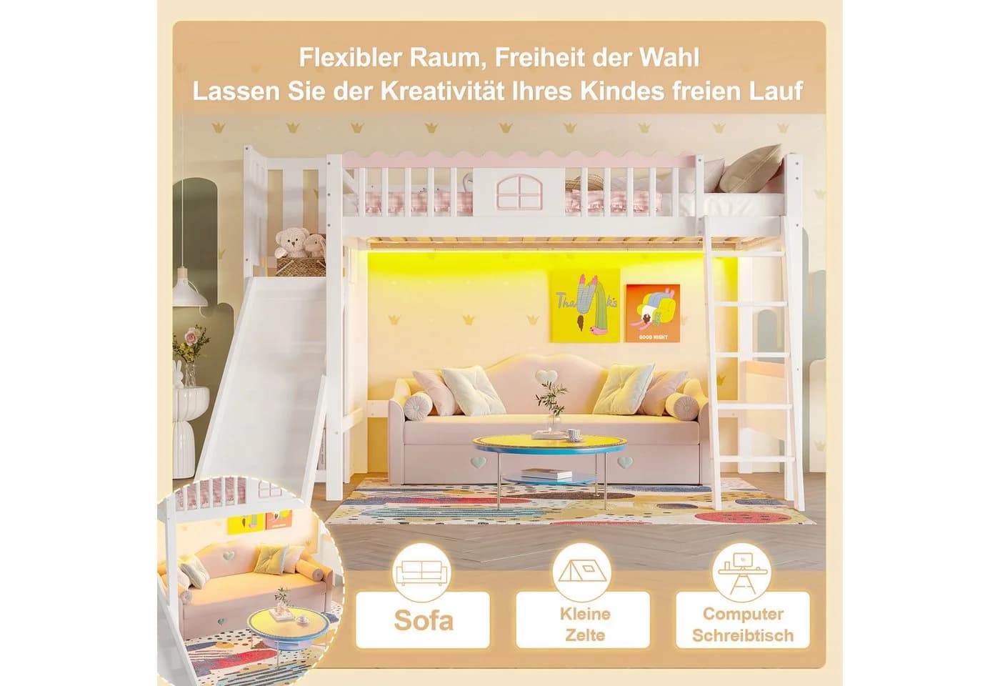 Flieks Hochbett Kinderbett mit LED, Rutsche und Regalen - Bild 4