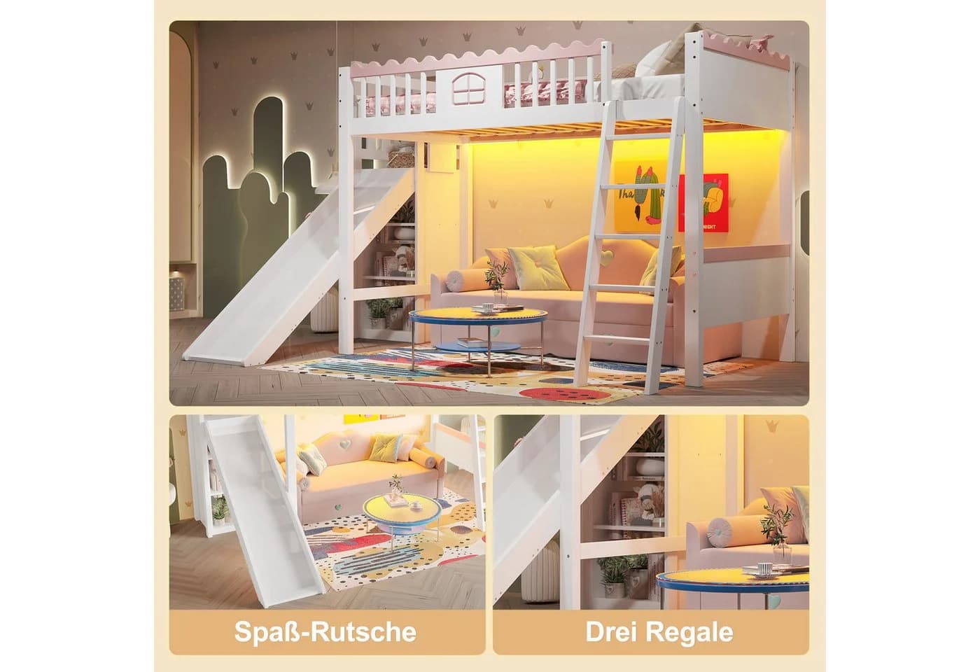 Flieks Hochbett Kinderbett mit LED, Rutsche und Regalen - Bild 5