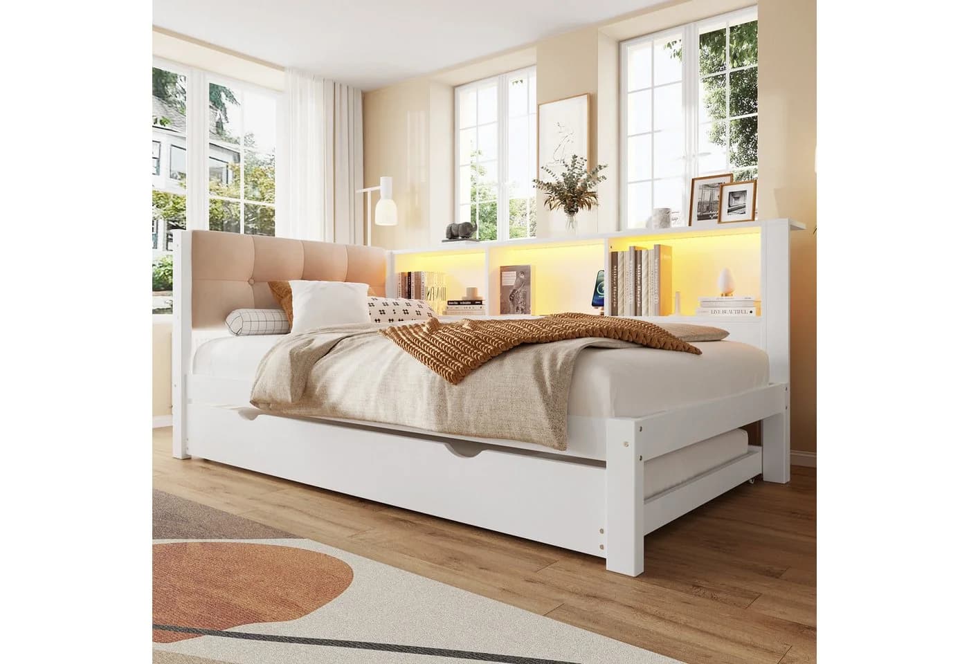 Flieks Daybett Kinderbett 90x200cm mit Ausziehbett 90x190cm LED-Leiste USB-Aufladen