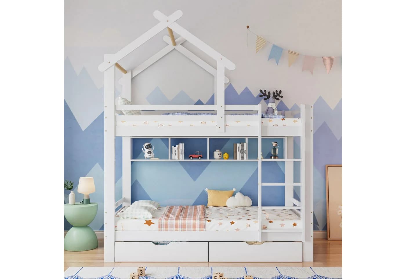 Flieks Etagenbett Kiefer Kinderbett mit Schubladen und Regalen