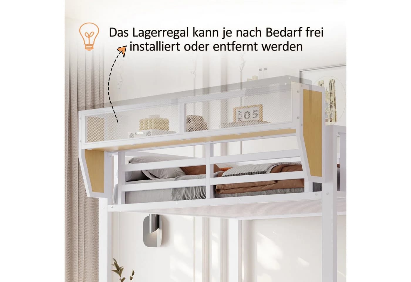 Flieks Hochbett Metall Kinderbett 90x200cm mit Lagerregal Kleiderschrank Weiß - Bild 4