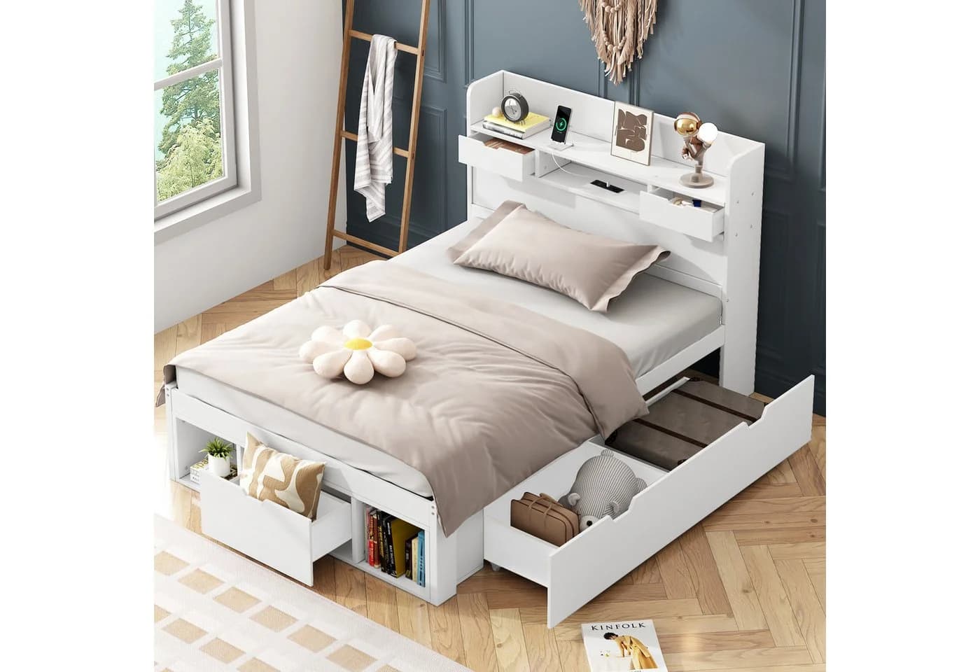 Flieks Holzbett Einzelbett 90x200cm USB-Laden Schubladen Stauraumfächer - Bild 2