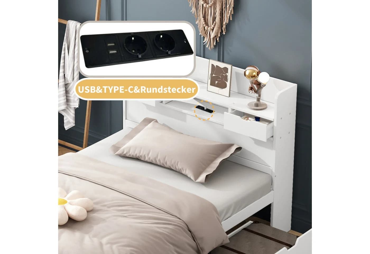 Flieks Holzbett Einzelbett 90x200cm USB-Laden Schubladen Stauraumfächer - Bild 4