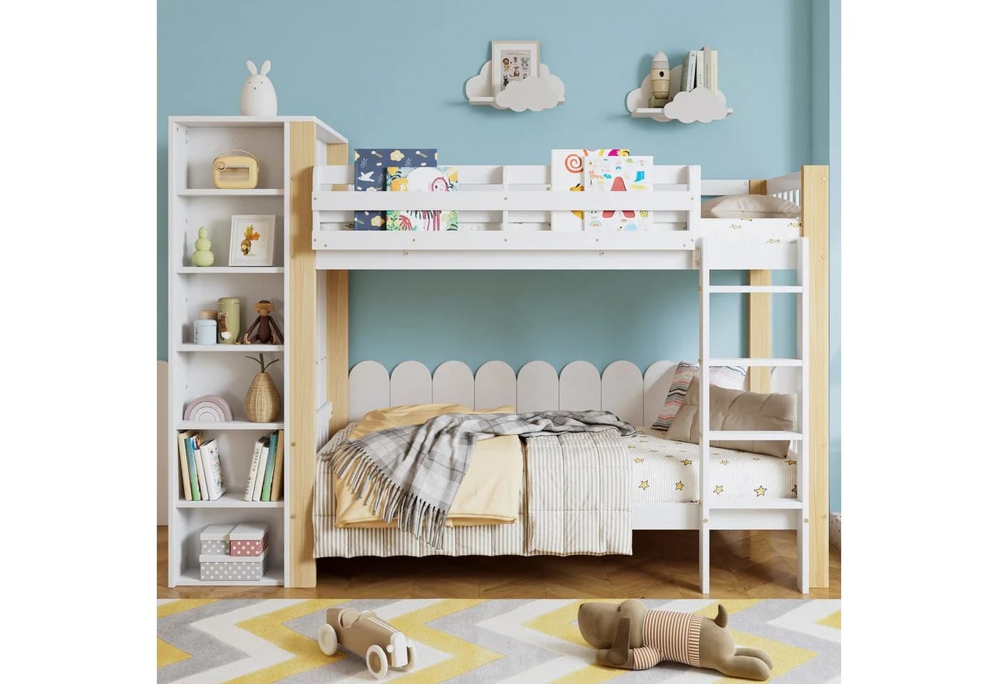 Flieks Etagenbett Kinderbett 90x200cm mit Kleiderschrank, Bücherregal und Fallschutz