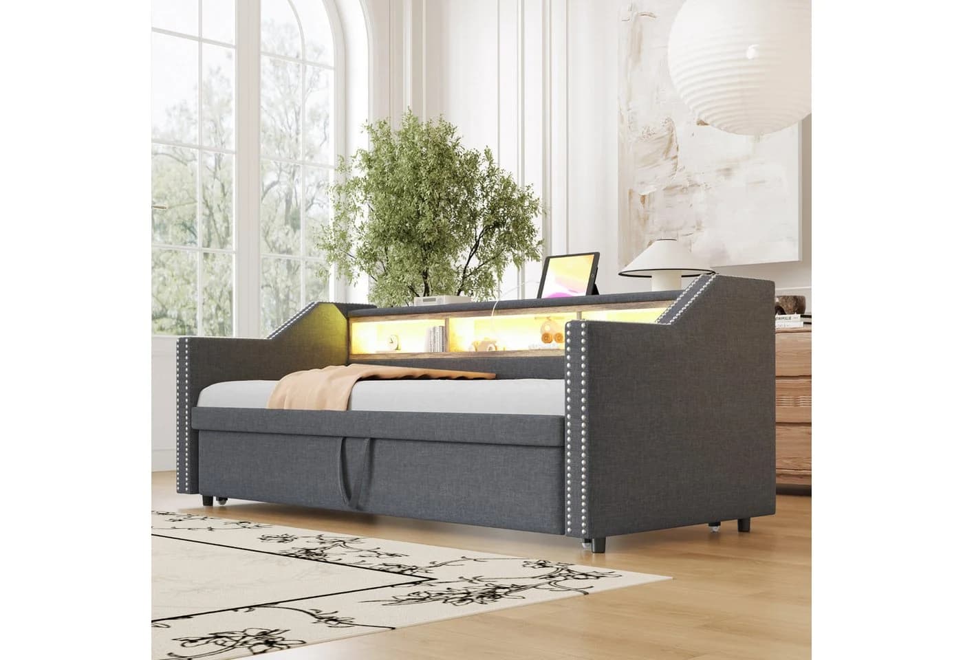 Flieks Daybett Ausziehbares Polsterbett Schlafsofa USB-Laden