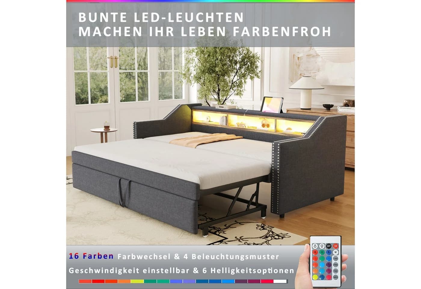 Flieks Daybett Ausziehbares Polsterbett Schlafsofa USB-Laden - Bild 4